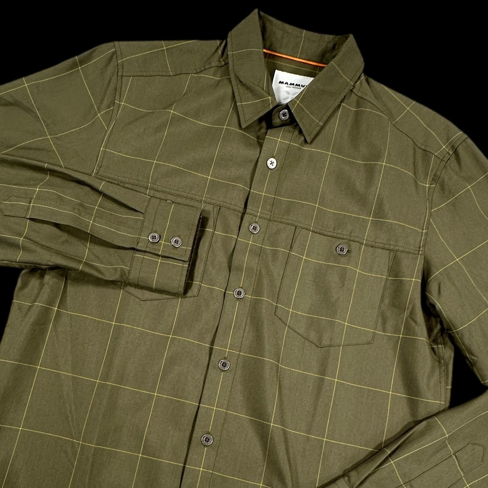 Mammut Alvra Long Sleeve Shirt Mens Medium Iguana Olive Windowpane Wool‎ Blend